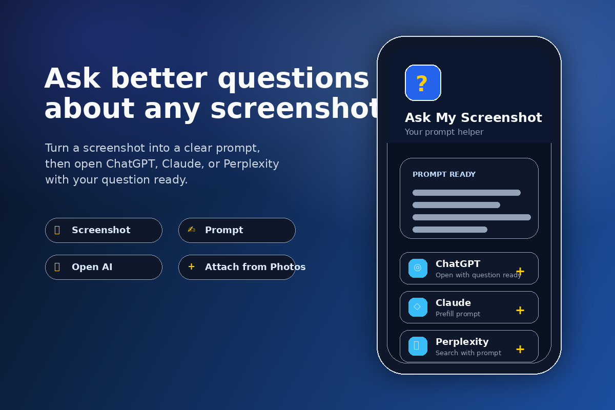 Ask My Screenshot app preview showing a screenshot prompt workflow on iPhone