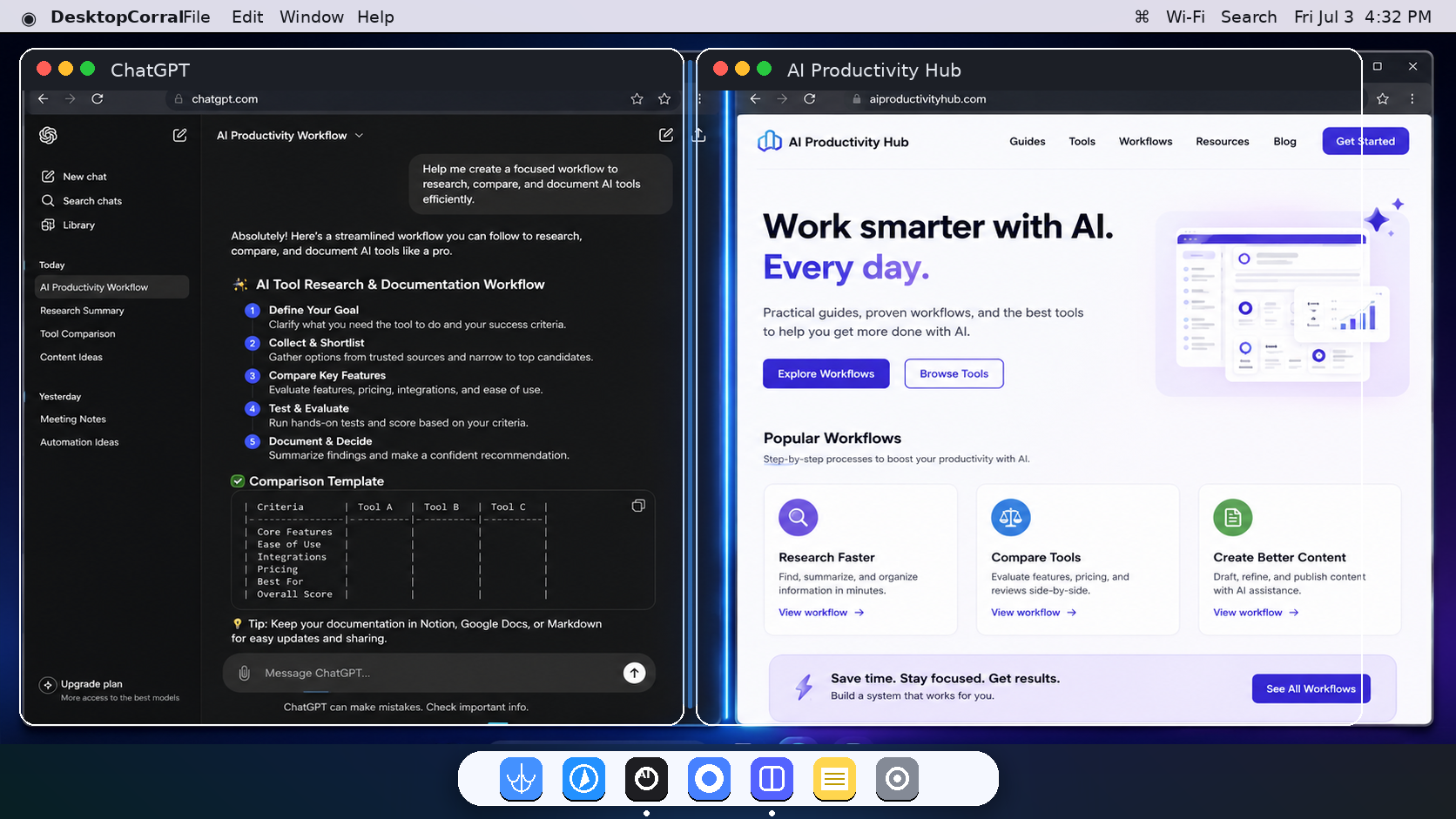AI Desktop Corral arranging two windows into left and right zones on a Mac desktop