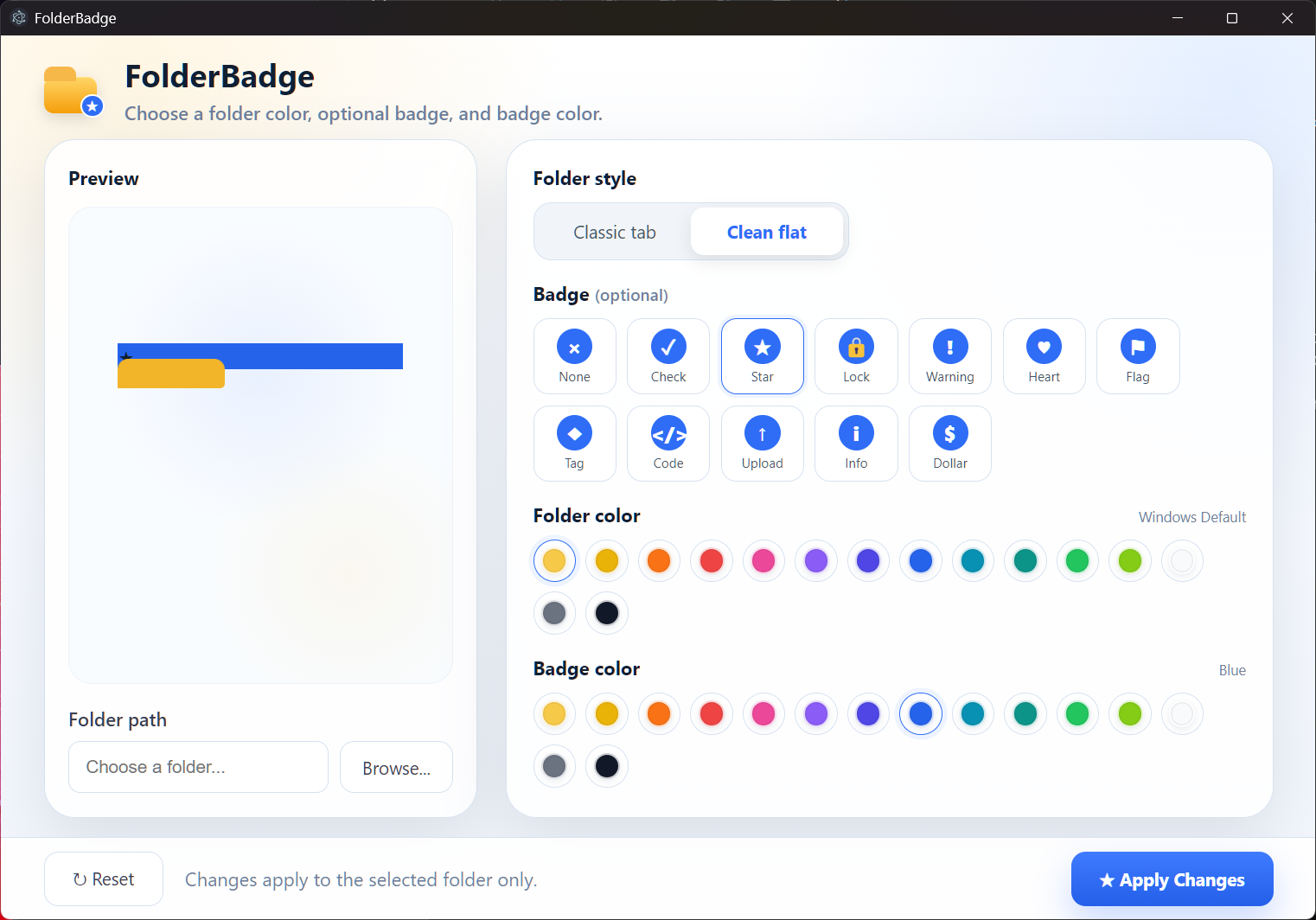 FolderCharm Windows app interface showing folder colors, badge options, and apply button