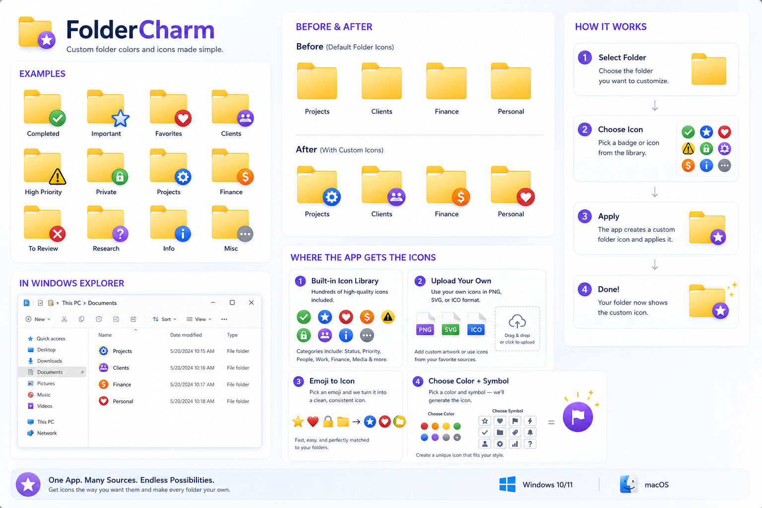 FolderCharm overview showing examples, before and after folder icons, and app workflow